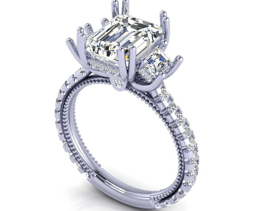 Verragio 14K White Gold Emerald Cut Three Stone Hidden Halo Semi-Mount ...
